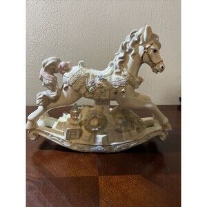 Vintage Sankyo-Fine Porcelain-Christmas Musical Rocking Horse 24K Gold Pipping